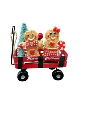 New Gingerbread Boy Girl Ornament Wagon Cart Miniature Christmas Holiday Decor